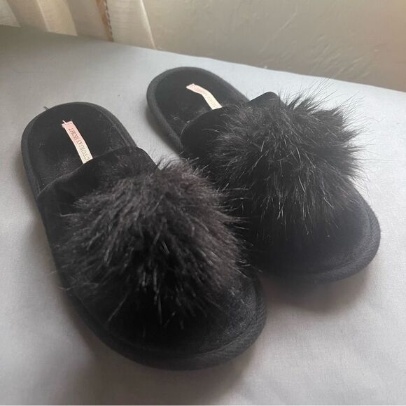 Victoria’s Secret Womens M Slide Slippers Velvet Faux Fur Poof Soft Lounge - Picture 9 of 10